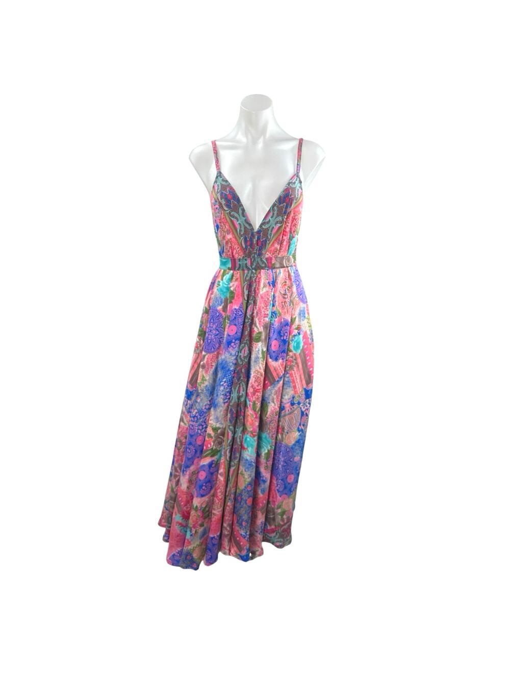 Advance Multicolor SIlk Floral Paisley Deep V Neck Sleeveless A Line Maxi Dress